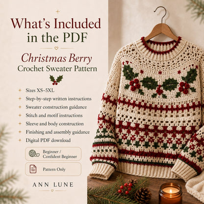 Christmas Berry Crochet Sweater Pattern PDF – Holly & Berry Holiday Pullover, Sizes XS–5XL, Beginner-Friendly Crochet Pattern