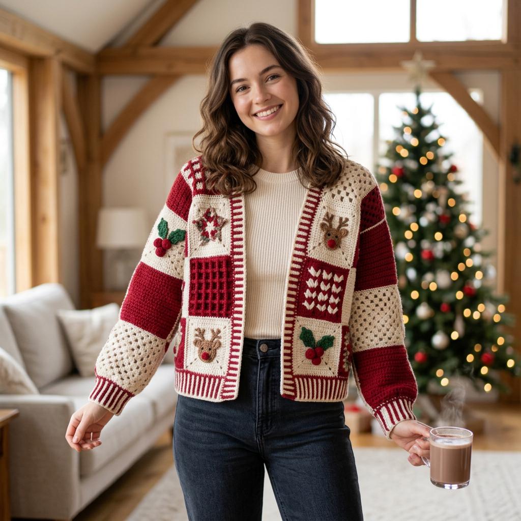 Christmas Patchwork Cardigan Crochet Pattern PDF, Holiday Granny Square Sweater Pattern, Reindeer & Holly Cardigan, Sizes XS–5XL