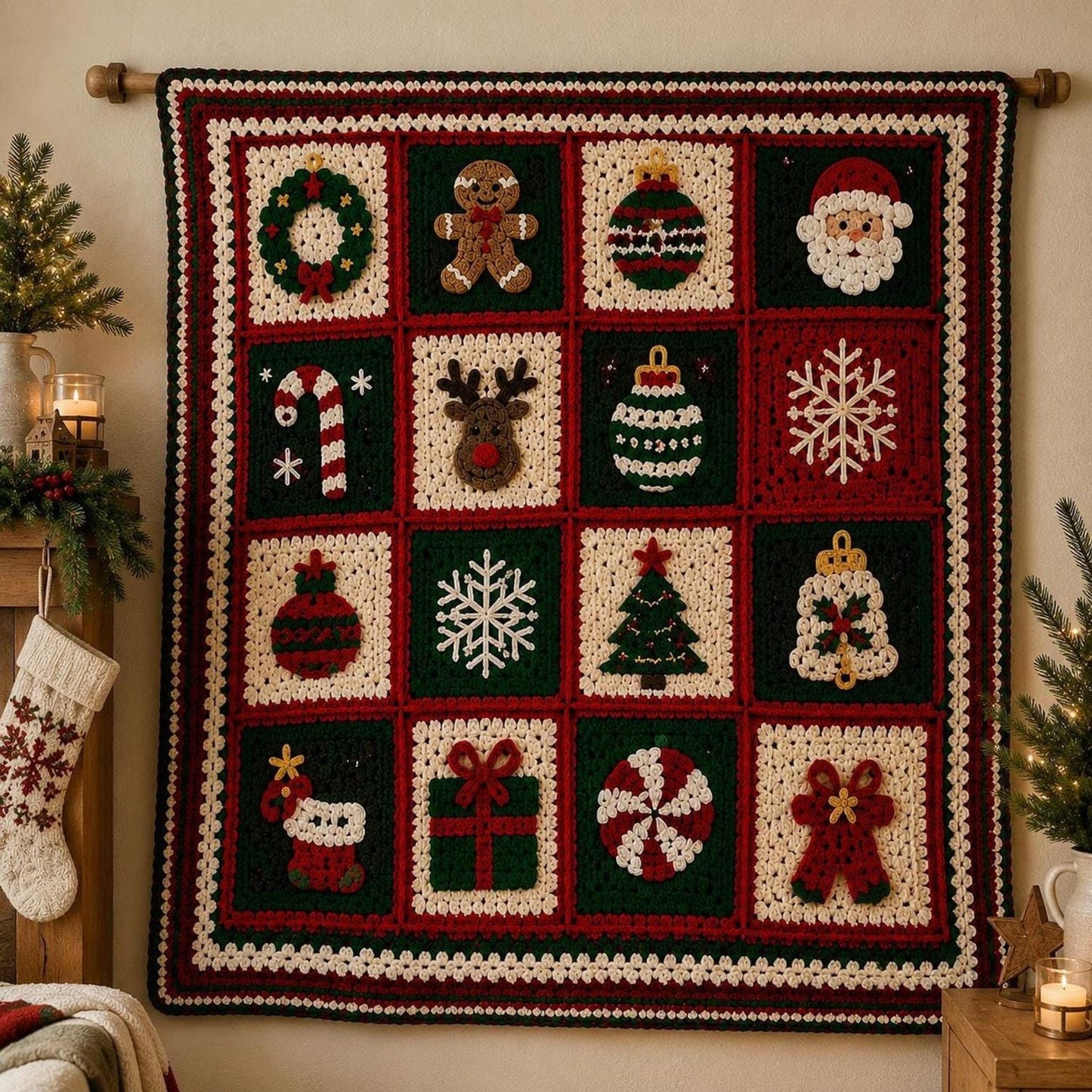 Christmas Crochet Blanket Pattern PDF – Granny Square Afghan, 16 Holiday Motifs, 3 Languages, Instant Download