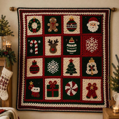 Christmas Crochet Blanket Pattern PDF – Granny Square Afghan, 16 Holiday Motifs, 3 Languages, Instant Download