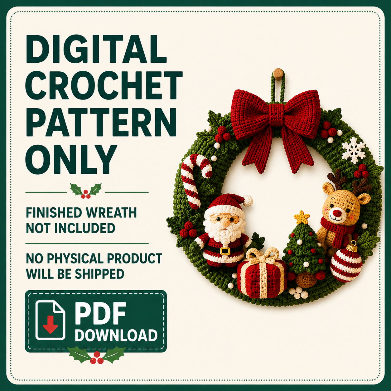 Crochet Christmas Wreath Pattern PDF – Santa, Reindeer & Holiday Decor | Digital Download, Beginner-Friendly Amigurumi Tutorial