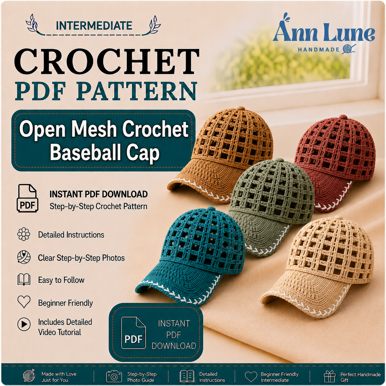Open Mesh Crochet Baseball Cap Pattern PDF, Adult Summer Hat, 3 Sizes, 12 Color Ideas, Digital Download