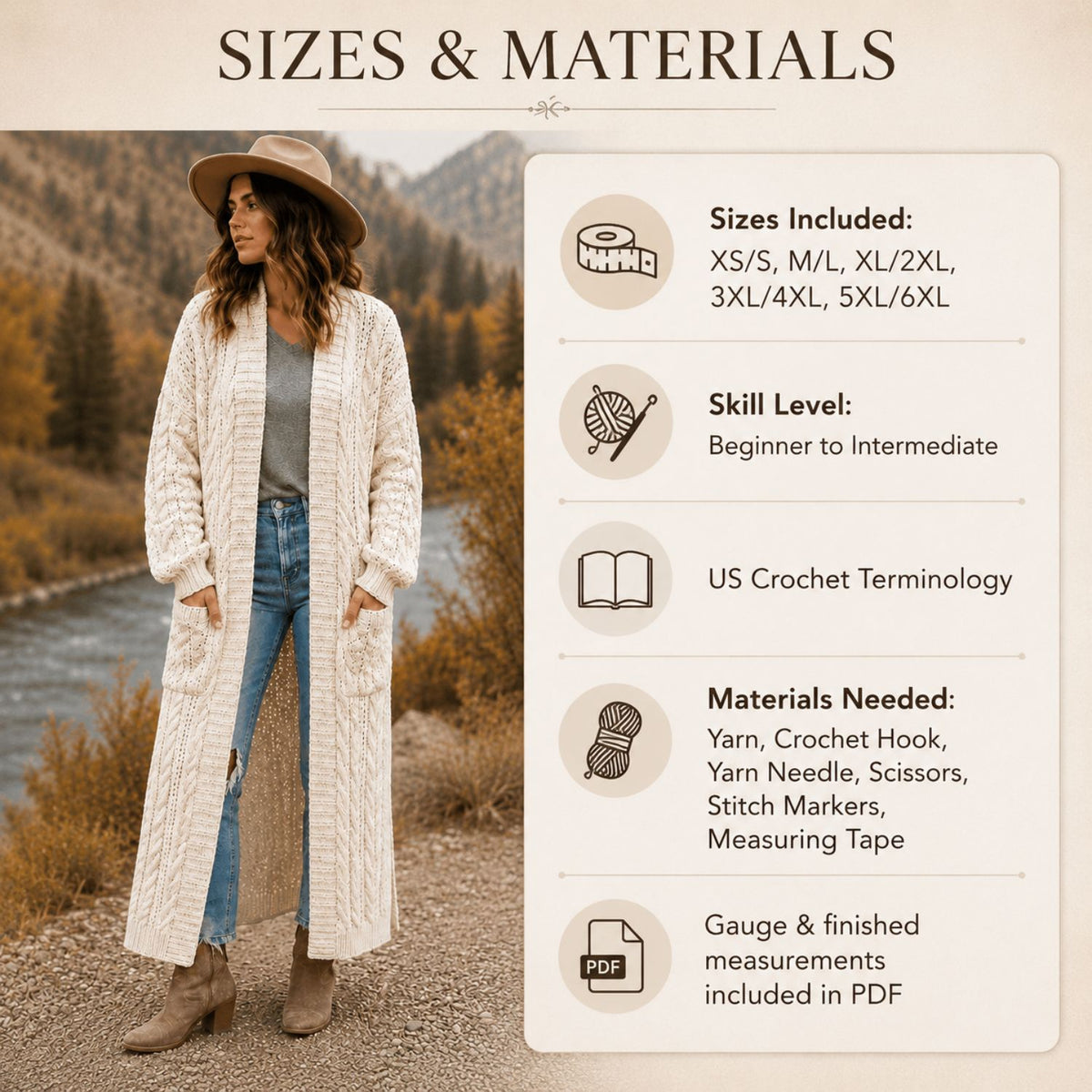 Long Cable Duster Cardigan Crochet Pattern PDF – Long Crochet Cardigan with Pockets, Cable Sweater Pattern XS–6XL