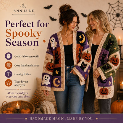Halloween Crochet Patchwork Cardigan Pattern PDF, Spooky Pumpkin Ghost Cat Sweater, Gothic Fall Crochet Pattern, XS–8XL