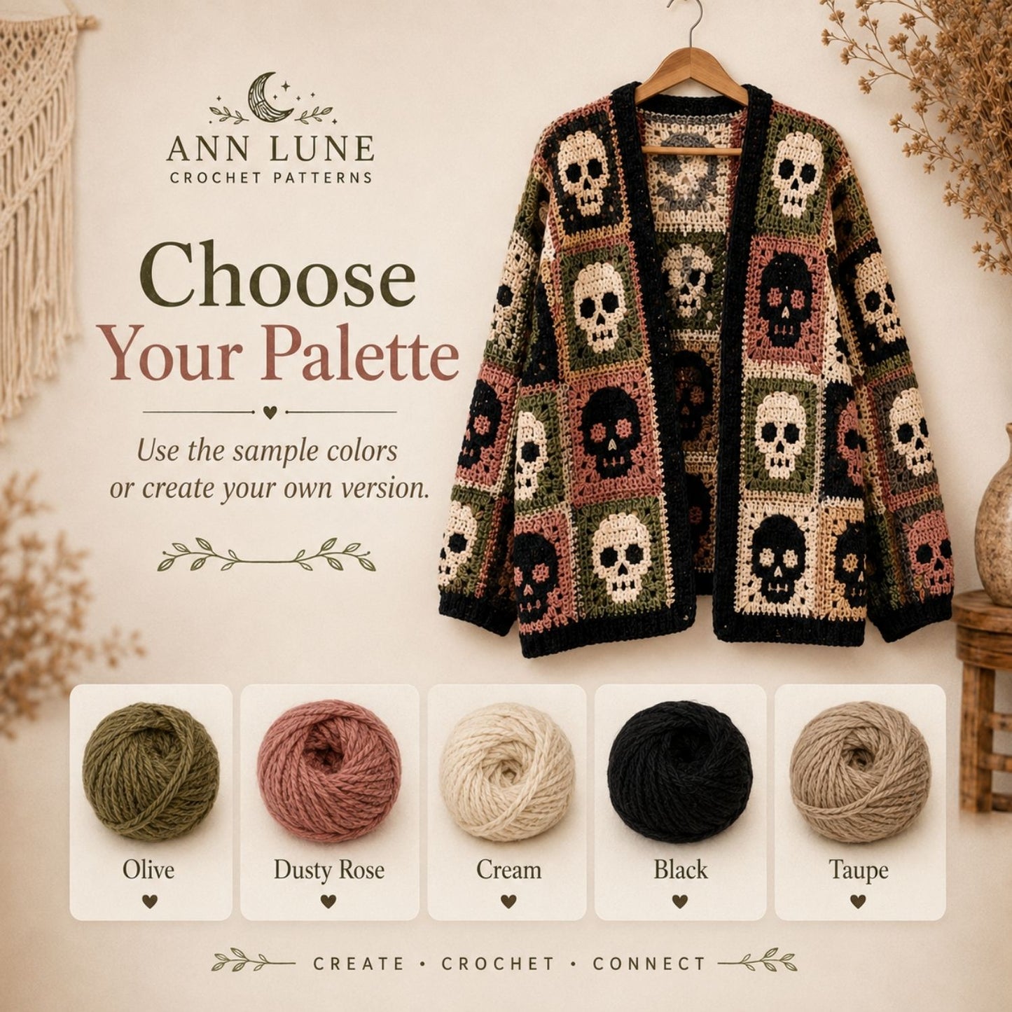 Skull Patchwork Cardigan Crochet Pattern PDF, Gothic Granny Square Sweater Pattern, Sizes XS–5XL