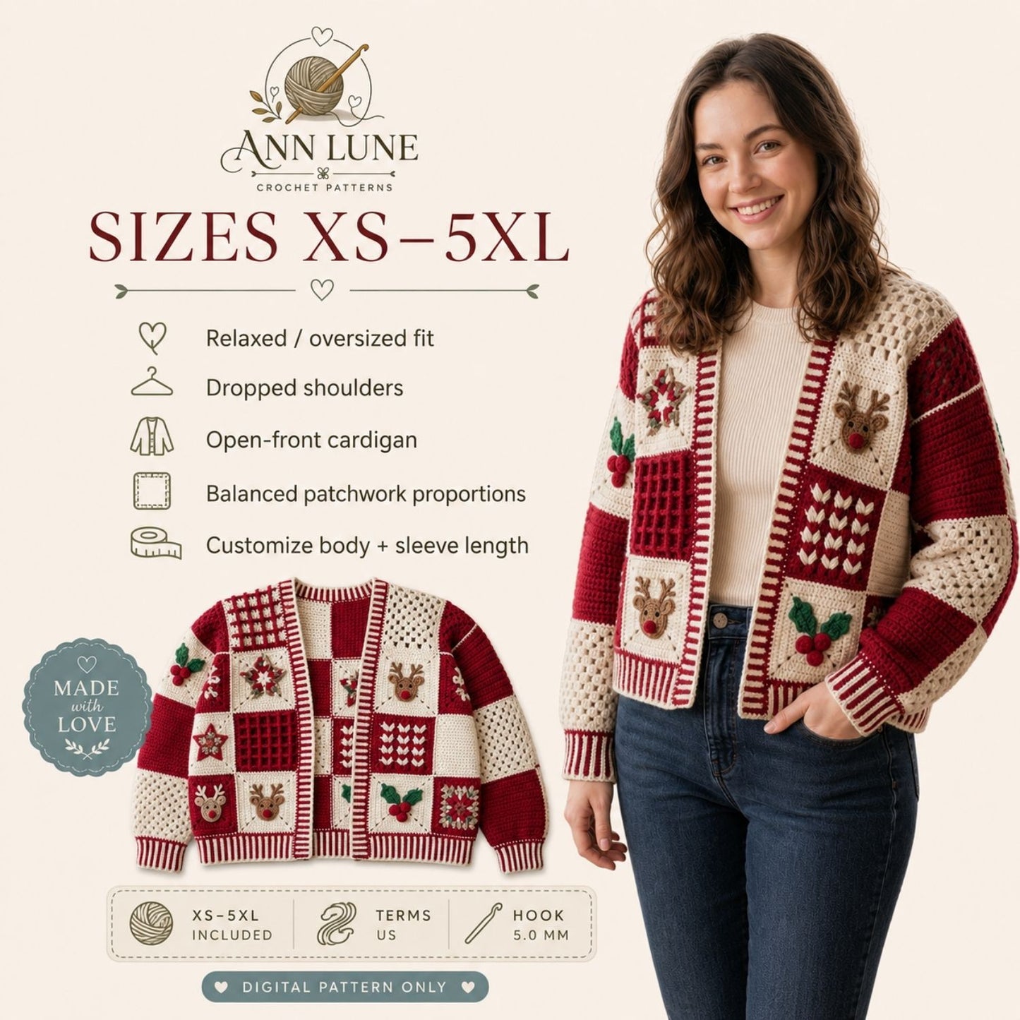 Christmas Patchwork Cardigan Crochet Pattern PDF, Holiday Granny Square Sweater Pattern, Reindeer & Holly Cardigan, Sizes XS–5XL