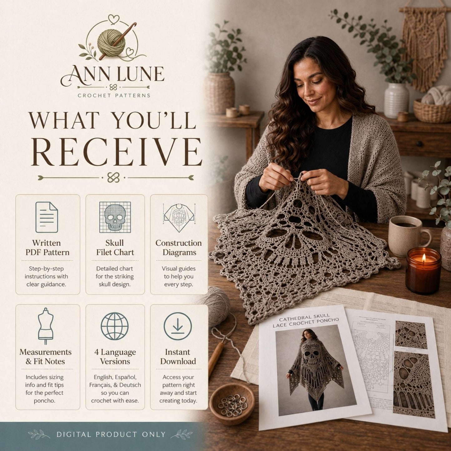 Skull Lace Poncho Crochet Pattern PDF, Gothic Cathedral Skull Poncho Pattern, Halloween Crochet Cape, 4 Languages Digital Download