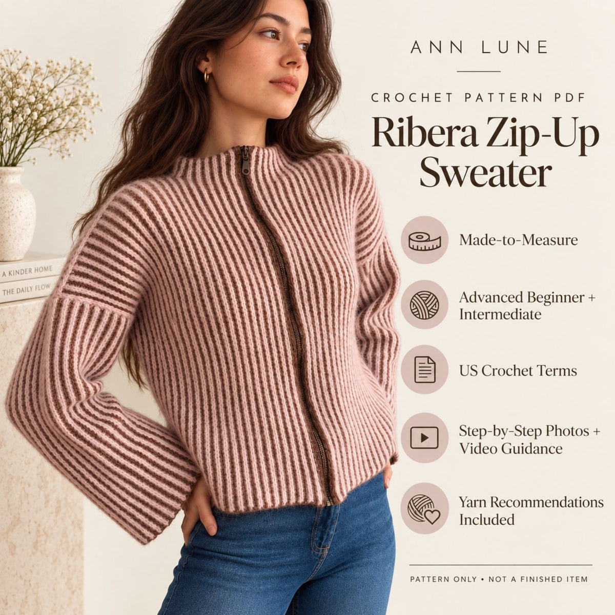 Ribera Zip-Up Sweater Crochet Pattern PDF – Made-to-Measure Ribbed Cardigan