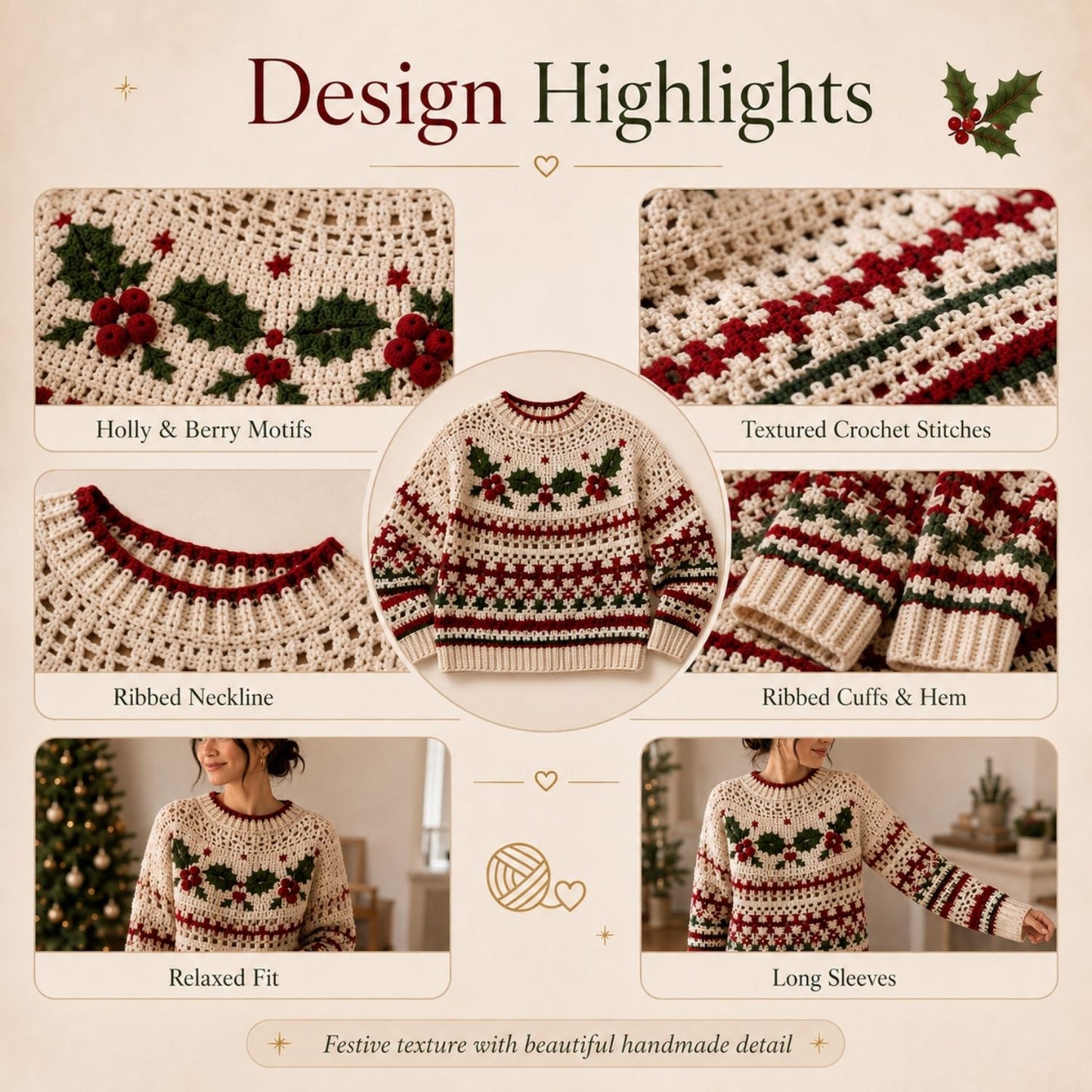Christmas Berry Crochet Sweater Pattern PDF – Holly & Berry Holiday Pullover, Sizes XS–5XL, Beginner-Friendly Crochet Pattern