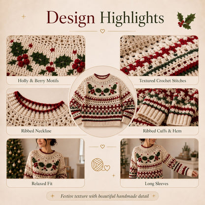 Christmas Berry Crochet Sweater Pattern PDF – Holly & Berry Holiday Pullover, Sizes XS–5XL, Beginner-Friendly Crochet Pattern