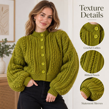 Made-to-Measure Cable Crochet Cardigan Pattern PDF – Textured Button Cardigan with Puff Stitch Panels