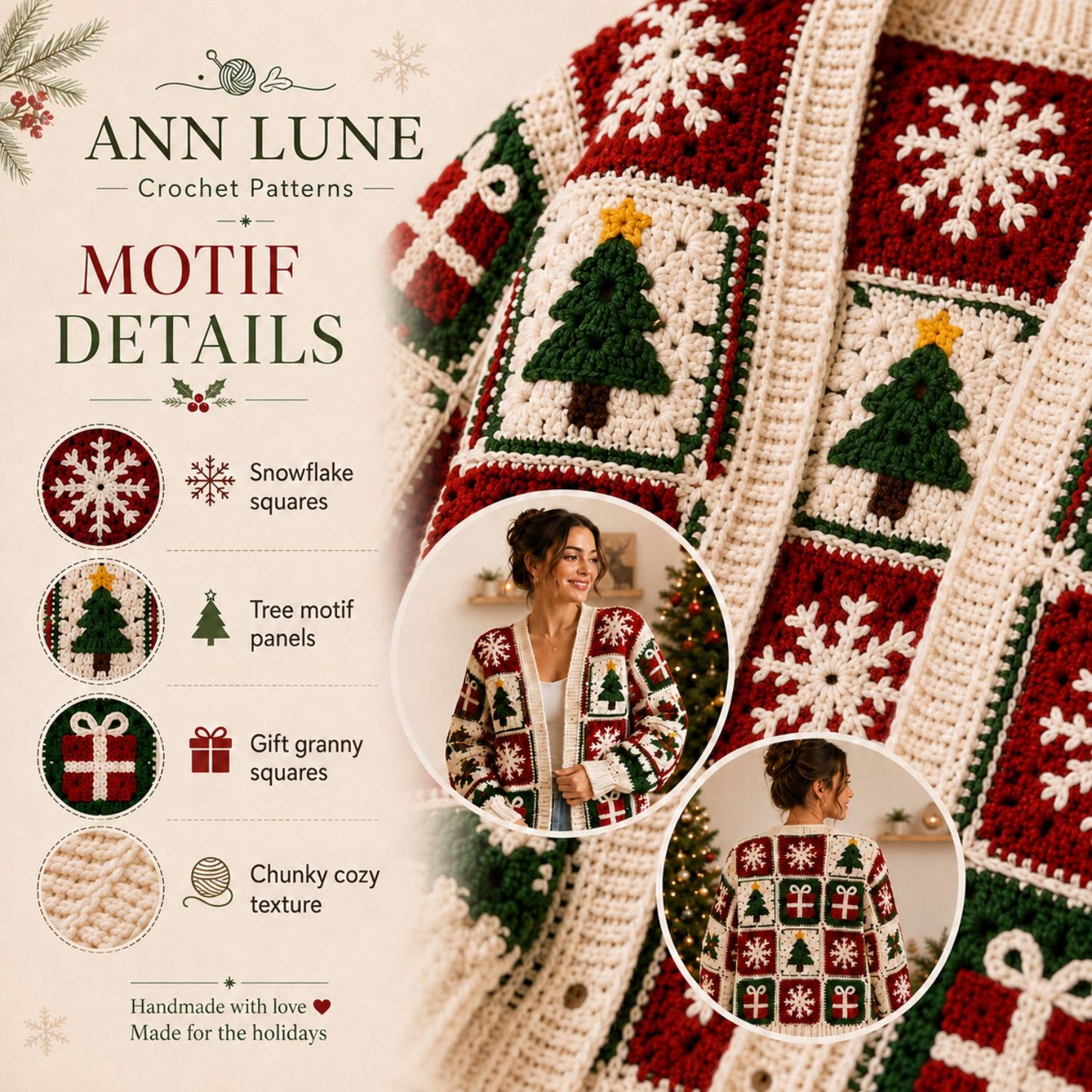 Christmas Granny Square Cardigan Crochet Pattern PDF, Holiday Sweater Pattern, Sizes S–5XL, Step-by-Step Tutorial