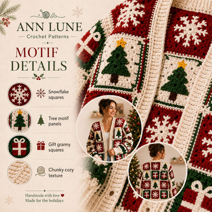 Christmas Granny Square Cardigan Crochet Pattern PDF, Holiday Sweater Pattern, Sizes S–5XL, Step-by-Step Tutorial