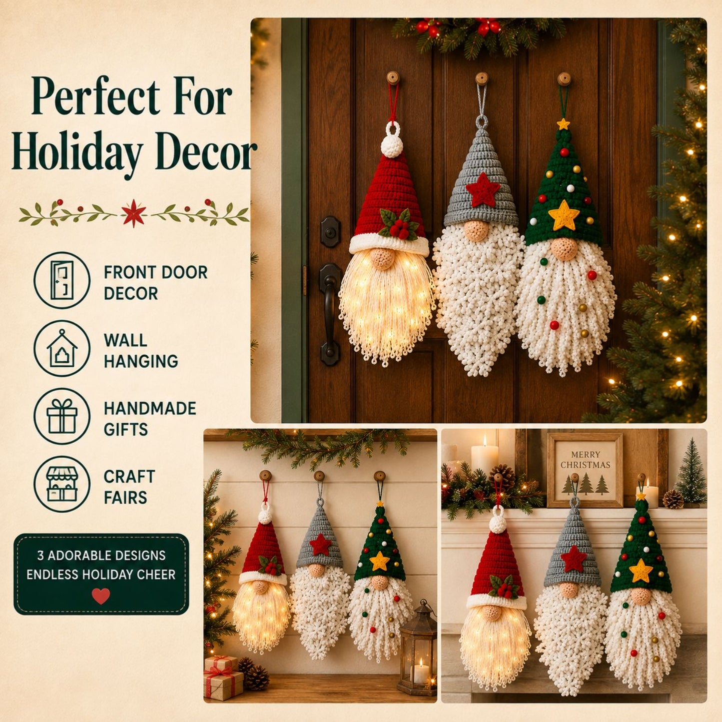 Christmas Gnome Door Hanger Crochet Pattern PDF | 3 Gnome Designs | Easy Christmas Decor Pattern
