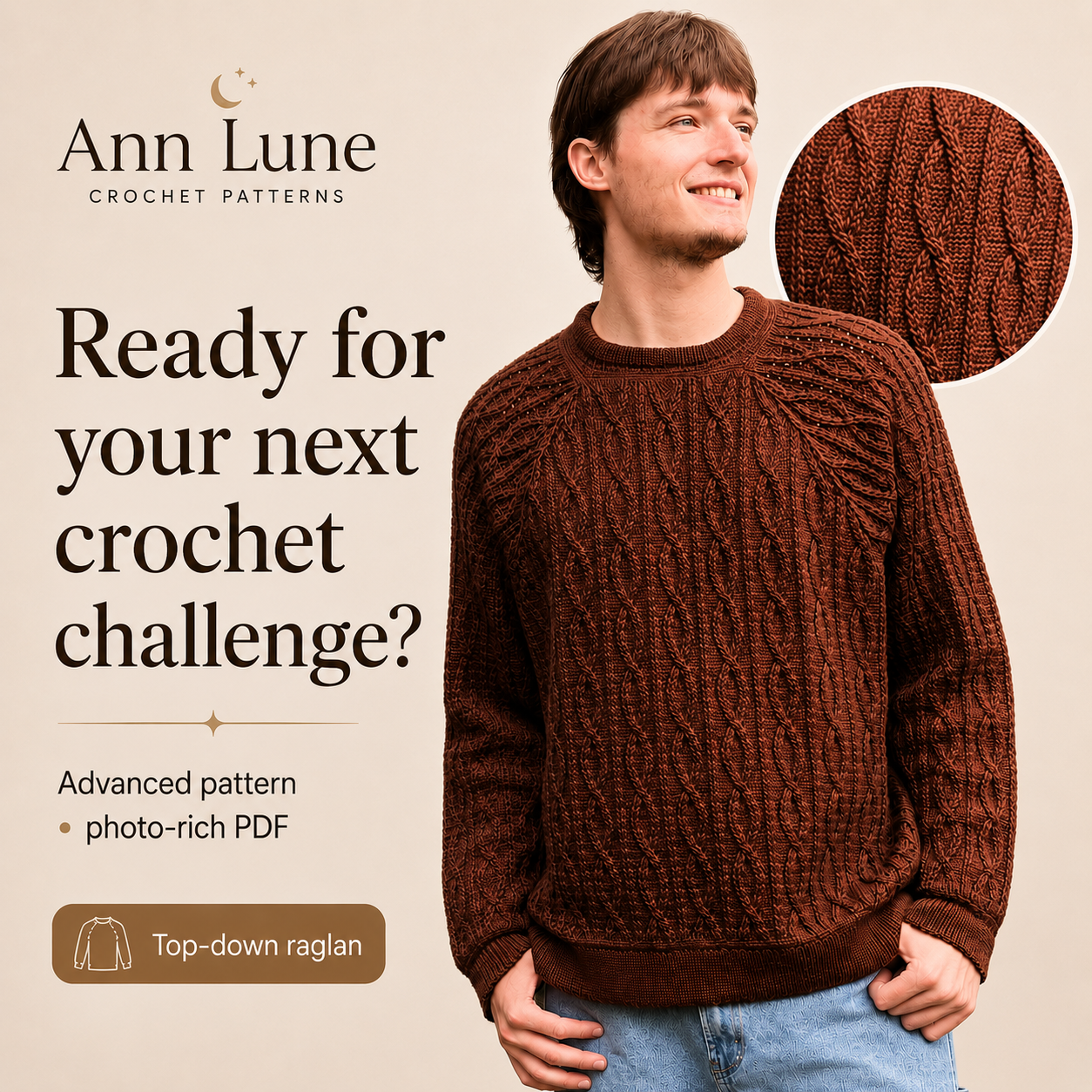 Unisex Crochet Sweater Pattern PDF – Twisting Trails Raglan Sweater, Advanced Crochet Pullover, XXS–5XL, Step-by-Step Tutorial