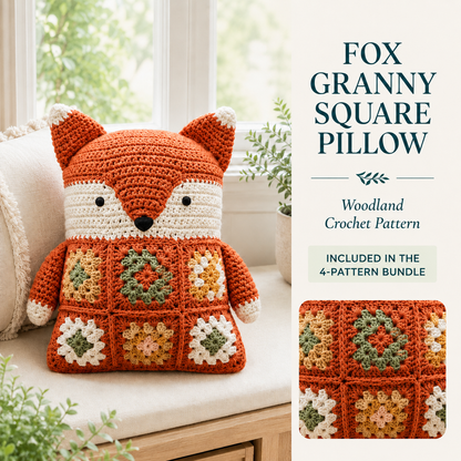 Woodland Animal Pillow Crochet Pattern Bundle PDF | Bear, Fox, Cat & Bunny