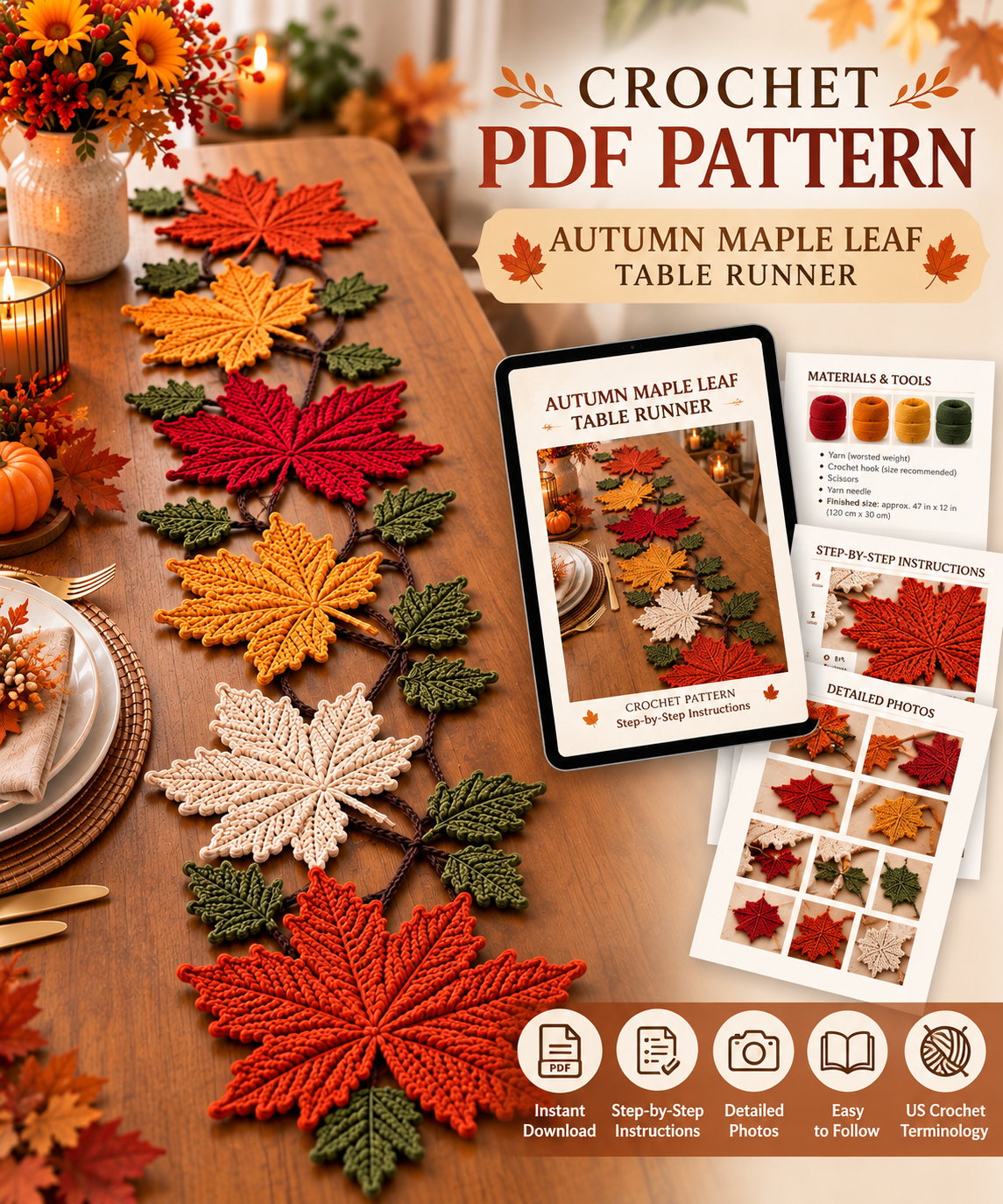 Autumn Maple Leaf Table Runner Crochet Pattern – Fall PDF Pattern