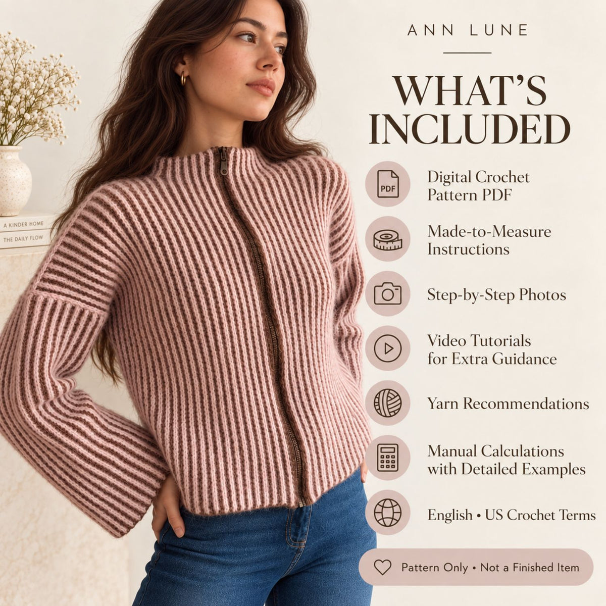 Ribera Zip-Up Sweater Crochet Pattern PDF – Made-to-Measure Ribbed Cardigan