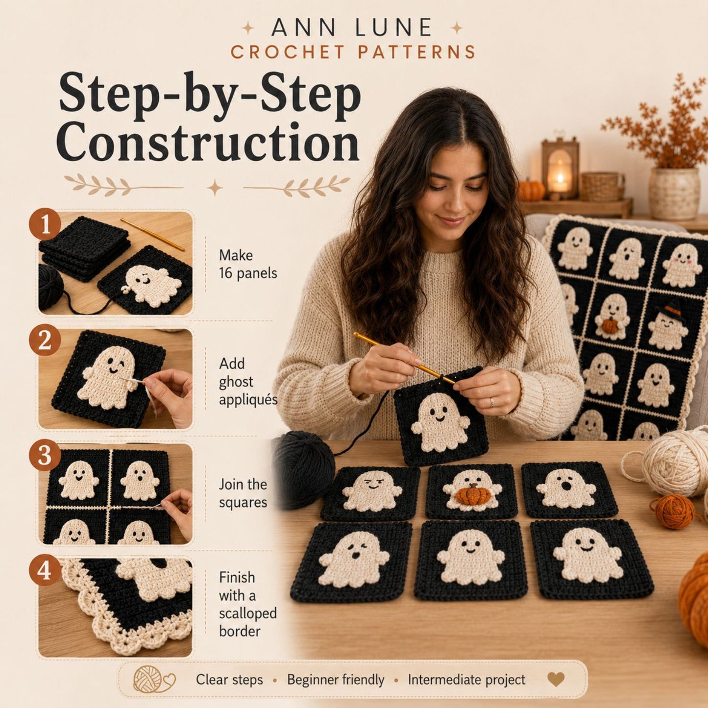 Ghost Granny Square Blanket Crochet Pattern PDF – Halloween Ghost Blanket Pattern, Cute Spooky Crochet Throw, Digital Download