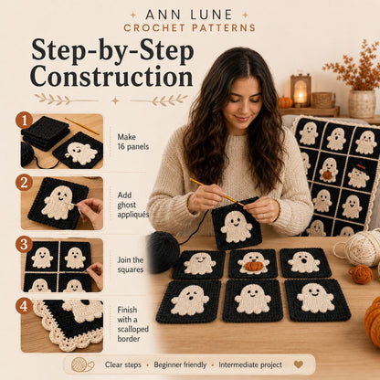 Ghost Granny Square Blanket Crochet Pattern PDF – Halloween Ghost Blanket Pattern, Cute Spooky Crochet Throw, Digital Download