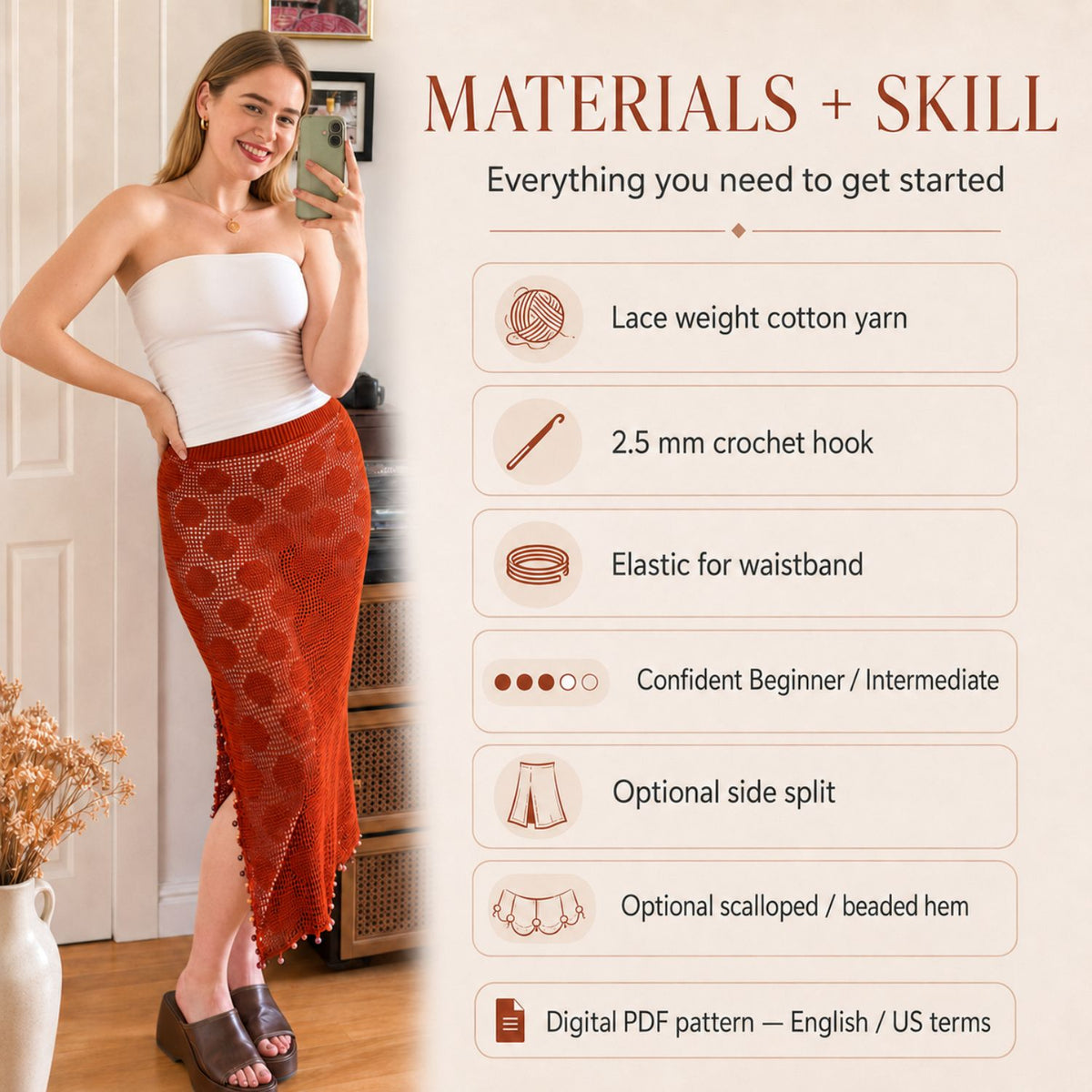 Filet Crochet Polka Dot Skirt Pattern PDF – Made-to-Measure Crochet Maxi Skirt, Side Split & Scalloped Hem