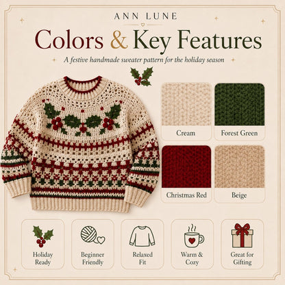 Christmas Berry Crochet Sweater Pattern PDF – Holly & Berry Holiday Pullover, Sizes XS–5XL, Beginner-Friendly Crochet Pattern