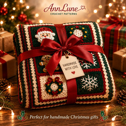 Christmas Crochet Blanket Pattern PDF – Granny Square Afghan, 16 Holiday Motifs, 3 Languages, Instant Download