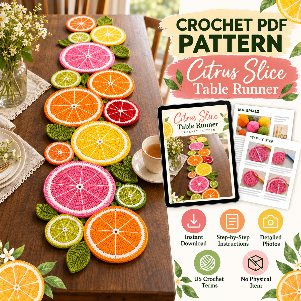 Citrus Slice Table Runner Crochet Pattern – Colorful Fruit PDF Pattern