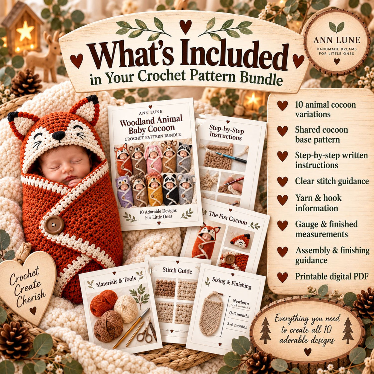 Woodland Animal Baby Cocoon Crochet Pattern Bundle – 10-in-1 Newborn Photo Prop PDF