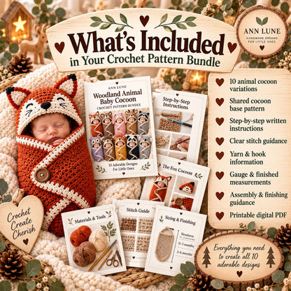 Woodland Animal Baby Cocoon Crochet Pattern Bundle – 10-in-1 Newborn Photo Prop PDF