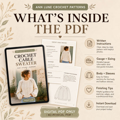 Crochet Cable Sweater Pattern PDF – Oversized Textured Pullover with Balloon Sleeves, Sizes S–XL