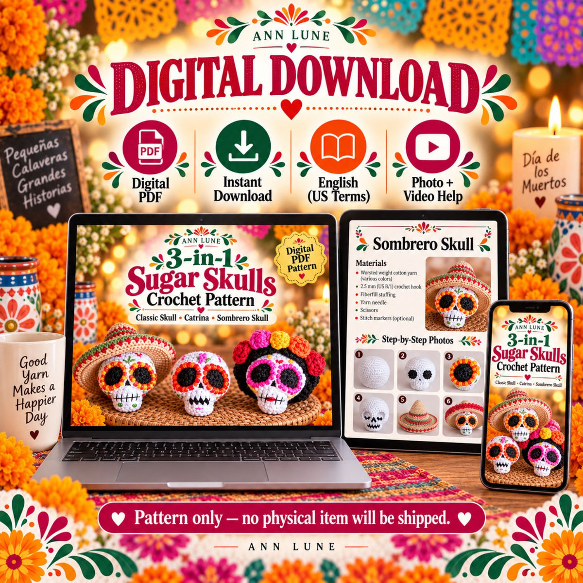 3-in-1 Sugar Skull Crochet Pattern Bundle PDF – Catrina, Sombrero & Classic Skull