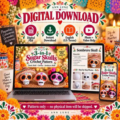 3-in-1 Sugar Skull Crochet Pattern Bundle PDF – Catrina, Sombrero & Classic Skull