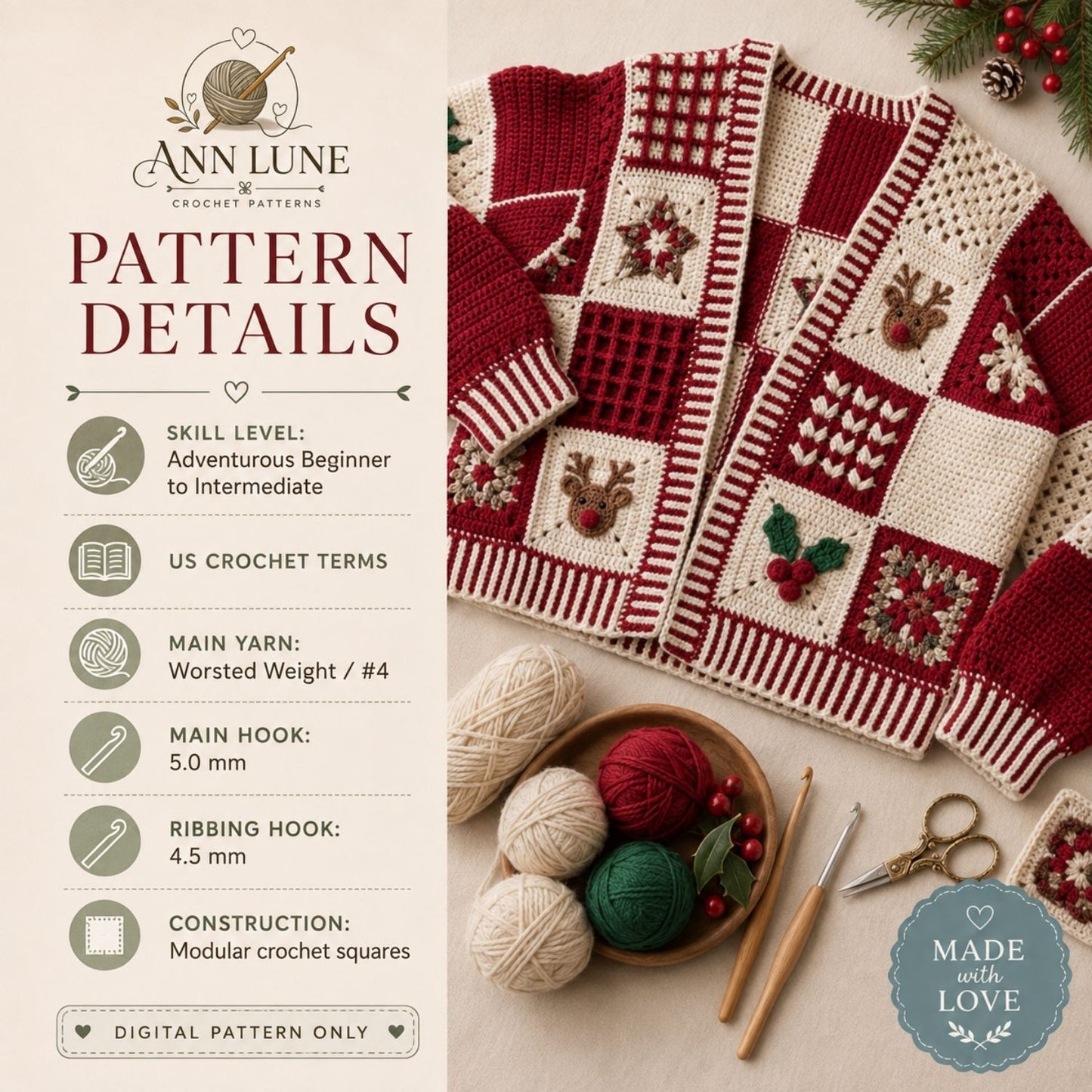 Christmas Patchwork Cardigan Crochet Pattern PDF, Holiday Granny Square Sweater Pattern, Reindeer & Holly Cardigan, Sizes XS–5XL