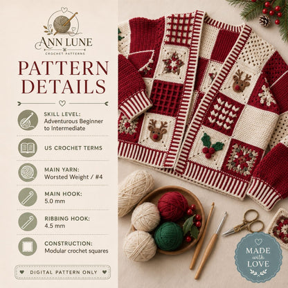 Christmas Patchwork Cardigan Crochet Pattern PDF, Holiday Granny Square Sweater Pattern, Reindeer & Holly Cardigan, Sizes XS–5XL