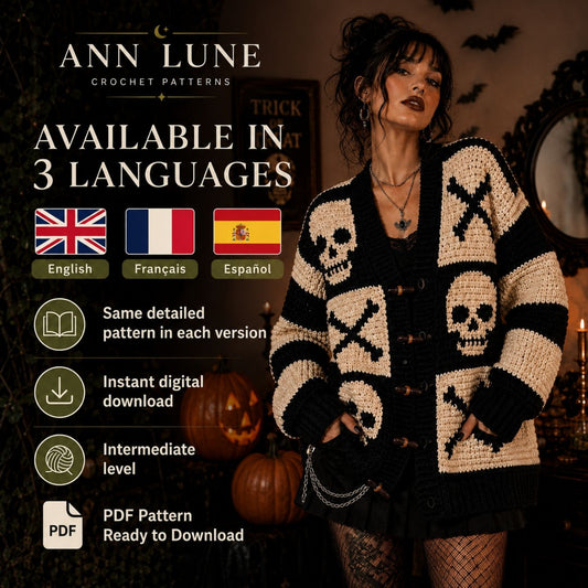 Skull Patchwork Cardigan Crochet Pattern PDF, Gothic Halloween Granny Square Sweater, 3 Languages