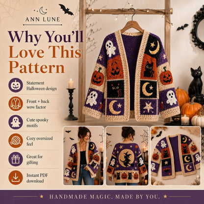 Halloween Crochet Patchwork Cardigan Pattern PDF, Spooky Pumpkin Ghost Cat Sweater, Gothic Fall Crochet Pattern, XS–8XL