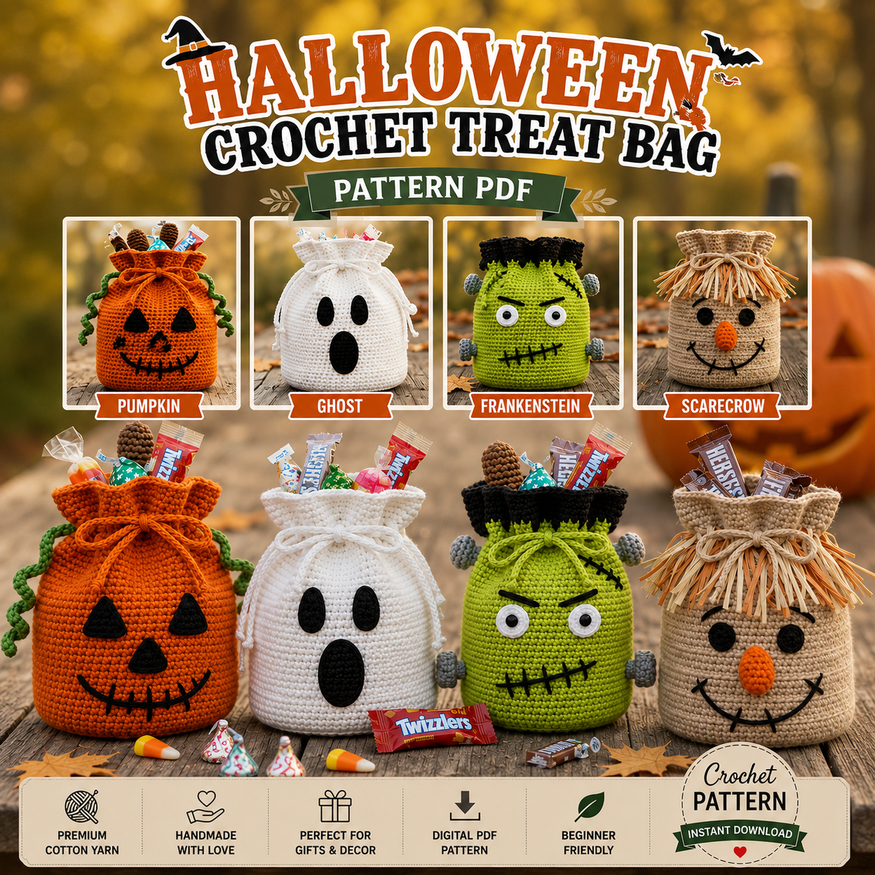 Halloween Crochet Treat Bag Pattern PDF, Pumpkin Ghost Frankenstein Scarecrow Drawstring Bag Crochet Pattern, Candy Bag Tutorial