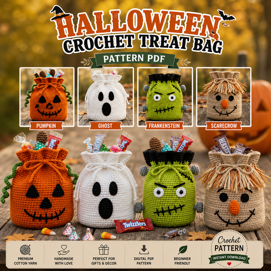Halloween Crochet Treat Bag Pattern PDF, Pumpkin Ghost Frankenstein Scarecrow Drawstring Bag Crochet Pattern, Candy Bag Tutorial