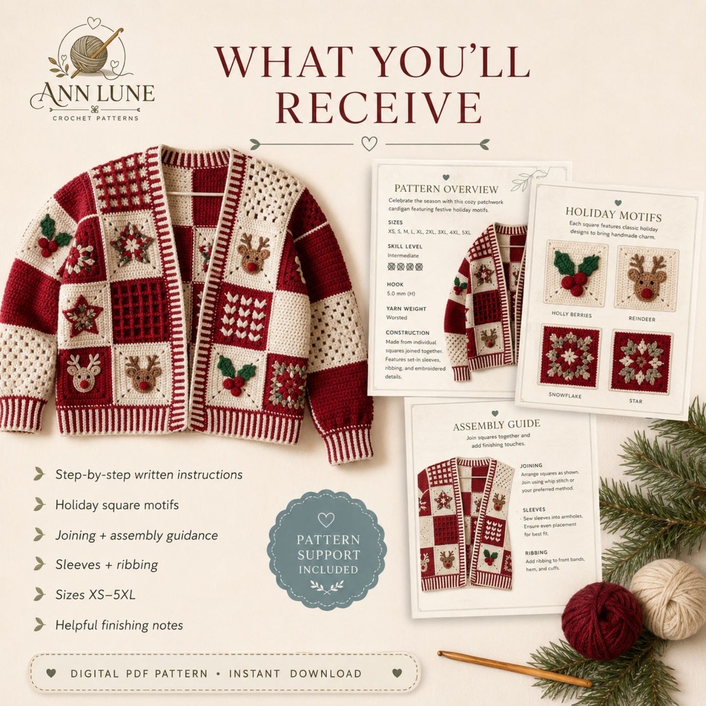 Christmas Patchwork Cardigan Crochet Pattern PDF, Holiday Granny Square Sweater Pattern, Reindeer & Holly Cardigan, Sizes XS–5XL