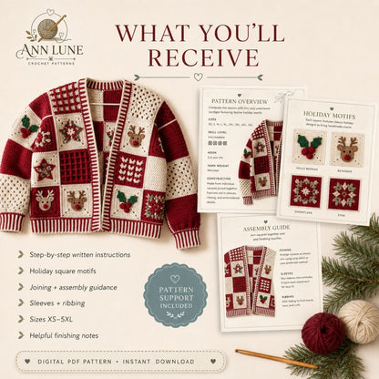 Christmas Patchwork Cardigan Crochet Pattern PDF, Holiday Granny Square Sweater Pattern, Reindeer & Holly Cardigan, Sizes XS–5XL