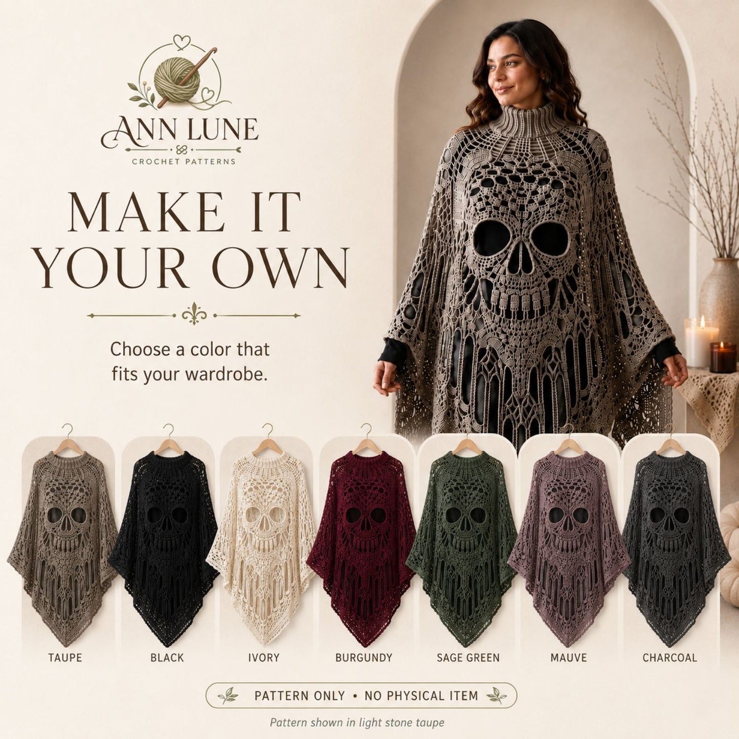 Skull Lace Poncho Crochet Pattern PDF, Gothic Cathedral Skull Poncho Pattern, Halloween Crochet Cape, 4 Languages Digital Download
