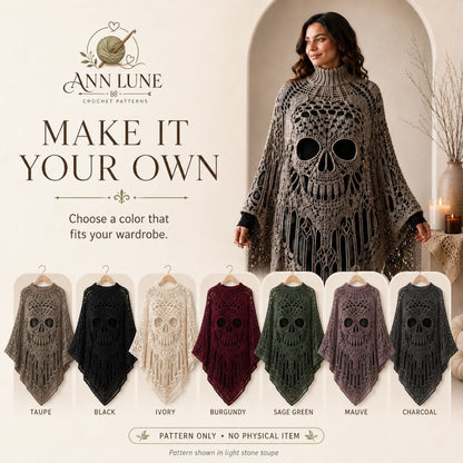 Skull Lace Poncho Crochet Pattern PDF, Gothic Cathedral Skull Poncho Pattern, Halloween Crochet Cape, 4 Languages Digital Download