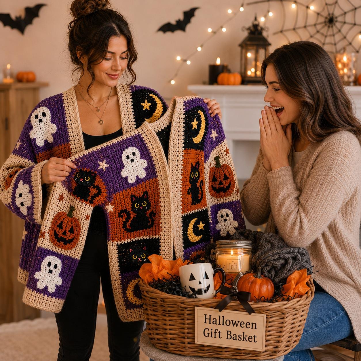 Halloween Crochet Patchwork Cardigan Pattern PDF, Spooky Pumpkin Ghost Cat Sweater, Gothic Fall Crochet Pattern, XS–8XL