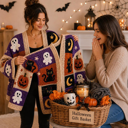 Halloween Crochet Patchwork Cardigan Pattern PDF, Spooky Pumpkin Ghost Cat Sweater, Gothic Fall Crochet Pattern, XS–8XL