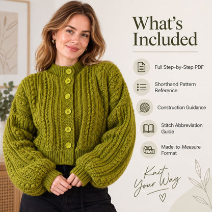 Made-to-Measure Cable Crochet Cardigan Pattern PDF – Textured Button Cardigan with Puff Stitch Panels