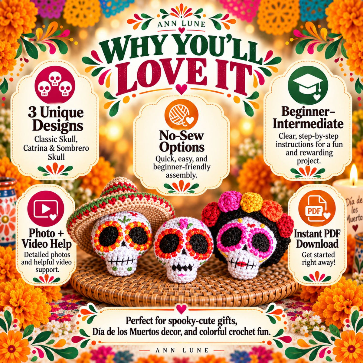 3-in-1 Sugar Skull Crochet Pattern Bundle PDF – Catrina, Sombrero & Classic Skull