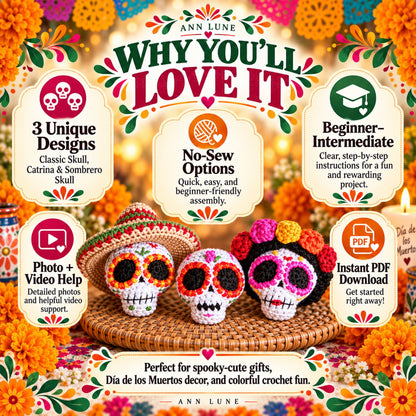 3-in-1 Sugar Skull Crochet Pattern Bundle PDF – Catrina, Sombrero & Classic Skull