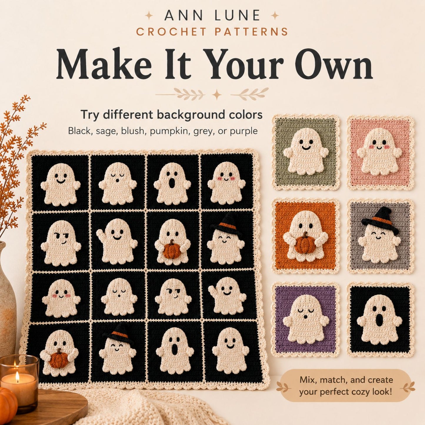 Ghost Granny Square Blanket Crochet Pattern PDF – Halloween Ghost Blanket Pattern, Cute Spooky Crochet Throw, Digital Download