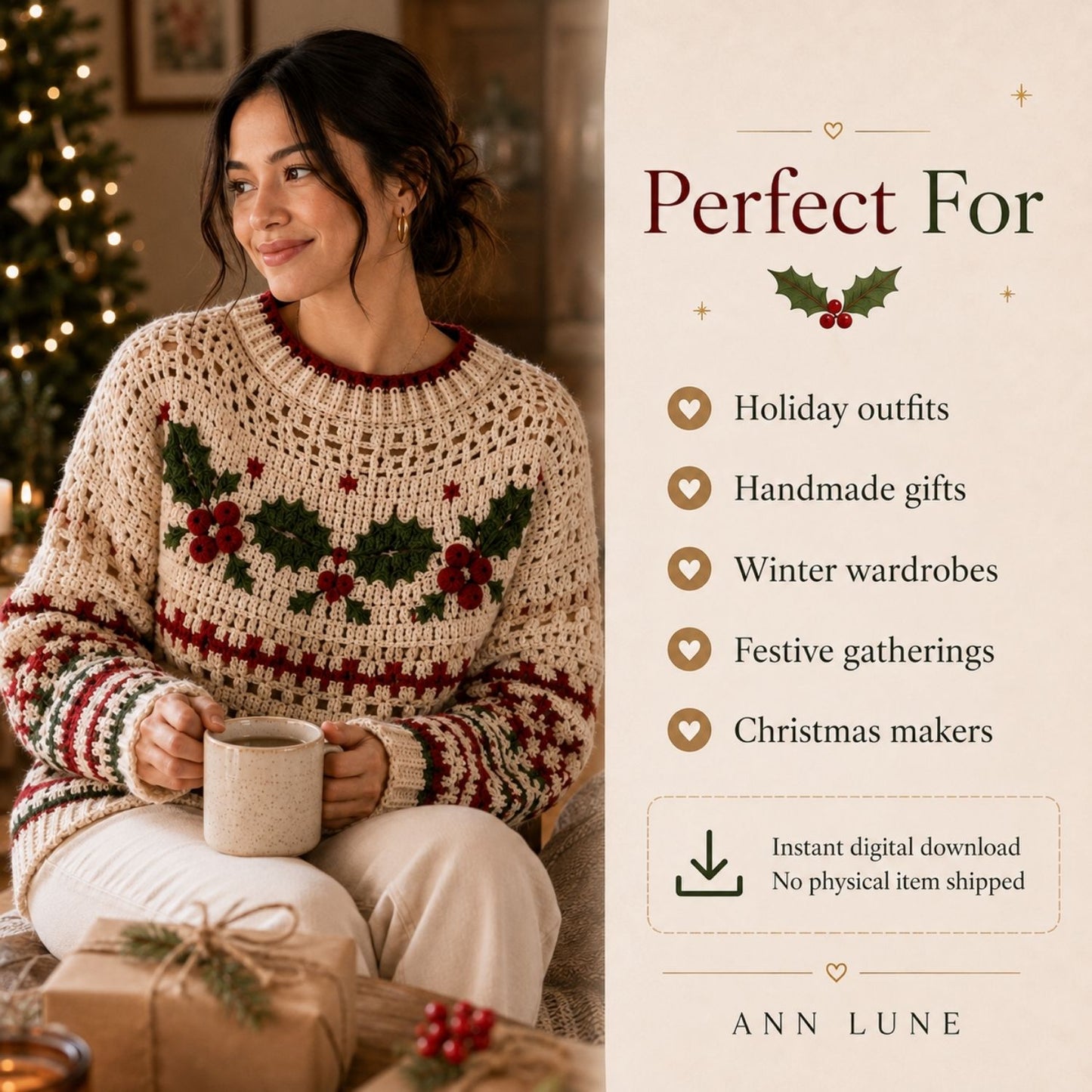 Christmas Berry Crochet Sweater Pattern PDF – Holly & Berry Holiday Pullover, Sizes XS–5XL, Beginner-Friendly Crochet Pattern